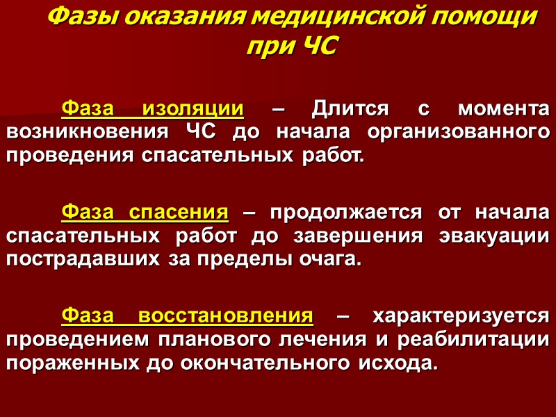 Фазы оказания медицинской помощи при ЧС    Фаза изоляции – Длится с